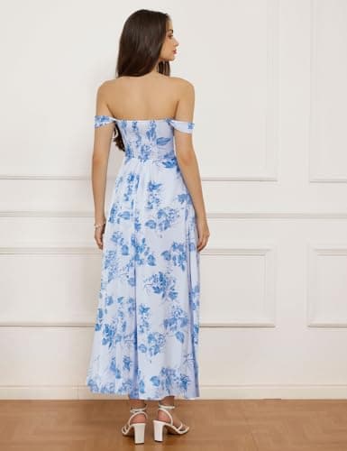 GRACE KARIN Summer White-Blue Floral Dress for Women 2026,Off the Shoulder Smocked Bridesmaid Dresses,Formal Baby Shower Maxi Dresses XXL - Thumbnail 3