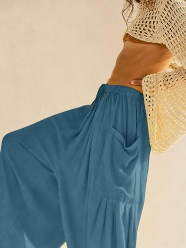 COCOMARTS Womens Linen Wide Leg Palazzo Pants Casual Loose Elastic Drawstring Flowy Pant 2025 Fall Travel Baggy Harem Pants with Pocket Lake Blue Large - Thumbnail 4