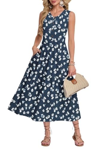 MOLERANI Summer Maxi Dresses for Women 2026 Vacation Sleeveless Loose Long Beach Dress Casual Button Down Sundresses with Pockets,Navy Flowers-S - Image 1
