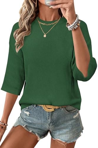 Arach&Cloz 2026 Women's Cotton Spring Summer Crochet Tops Crew Neck 3/4 Half Drop Short Sleeve Hollow Out Oversized Resort Wear Sweater Casual Vacation Outfits Fashion Trendy Shirts Green L - Image 1