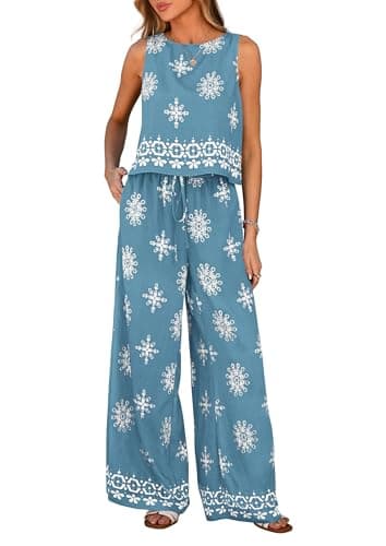 PRETTYGARDEN Women's 2026 Summer 2 Piece Lounge Sets Boho Floral Tank Tops Flowy Wide Peg Pants Travel Beach Vacation Outfits (Floral Grey Blue White,X-Large) - Image 1