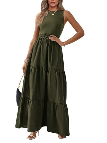 BTFBM Women Sleeveless Summer Dresses Wedding Guest Maxi Dresses Ribbed Knit Tops and Polyester Skirt with Pockets(Solid Army Green,XX-Large) - Image 1