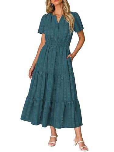 RUMIA Maxi Dresses for Women Summer Short Sleeve Elastic Waist Vacation Dress with Pockets PeacockBlue M - Image 1