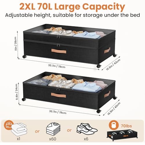 Mqaue Under Bed Storage with Wheels, 72L XXL Under the Bed Storage Containers Large, 10‘’ Tall Adjustable Storage for Underbed with Lids, Rolling for Shoes, Clothes, Blankets, Black - Thumbnail 2