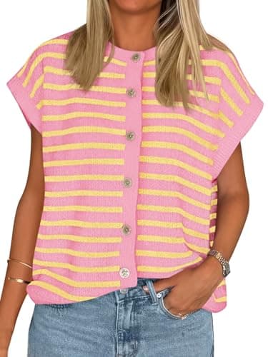 Cicy Bell Womens Striped Cap Sleeve Sweater Vest Crew Neck Button Down Cardigan Cute Knit Tops Pink - Image 1