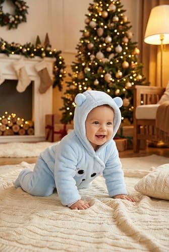 JiAmy Baby Winter Hooded Romper Fleece Snowsuit Warm Outfits Blue 3-6 Months - Thumbnail 3
