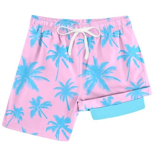 Cozople Swim Trunk for Boys Pink Blue Palm Tree Printed Swim Short Commpression Anti Chafe Swimsuit UPF Bathing Suit Boxer Brief Swimwear for Outdoor Size 8 - Image 1