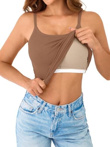 GKBK Women's Sleeveless Built in Bra Tank Top Form Fitting Scoop Neck Ribbed Knit Basic Padded Cami Shirts Brown S - Thumbnail 4