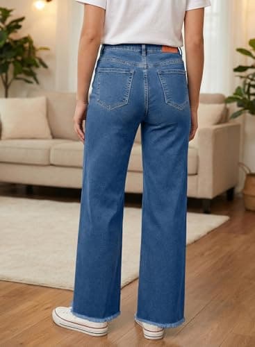 Sidefeel Women's Wide Leg Jeans High Waisted Stretchy Jeans Trendy Button Fly Raw Hem Straight Leg Denim Pants Blue Size 6 - Thumbnail 2