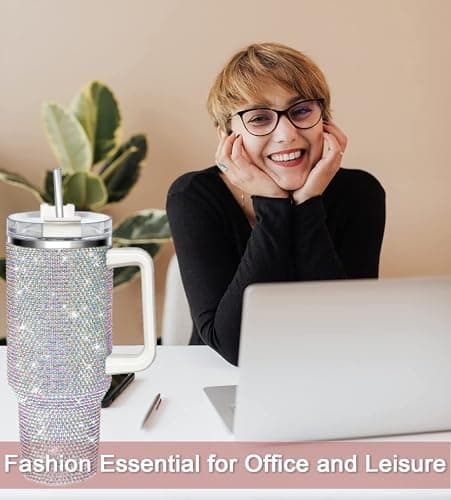 HWISDMIG 40oz Tumbler with Handle-Glitter Rhinestones Tumbler Bling Cups Stainless Steel Water Bottle Diamond Studded Tumbler for Women-Birthday Gifts for Women, Mom, Wife, Girlfriend (40 oz, Shiny) - Thumbnail 5