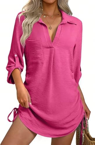 GKBK Women Swimsuit Coverup Bathing Suit Cover Ups for Swimwear Swim 2026 Ladies Summer Going Out Outfits Fashion Clothes Pool Bikini Beachwear Drawstring Beach Dress Shirt Rose Red S - Image 1