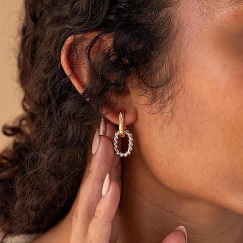 MUMREUES Gold Earrings for Women 14K Gold Plated Mixed Metal Paperclip Hoop Dangle Earring Trendy Two-Toned Drop Earrings Jewelry Gift for Her - Thumbnail 2