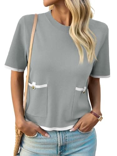 Saodimallsu Womens Short Sleeve Sweater Color Block Crew Neck Summer Crop Tops Loose Casual Knit Shirts with Pockets Grey - Image 1