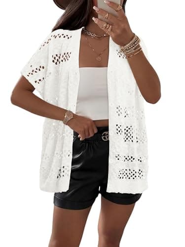 KISSMODA Off-White Plastic Button Mesh Crochet Cardigan V-Neck Breathable Boho Vacation Rooftop Drinks Outfit for Women’s M - Thumbnail 3
