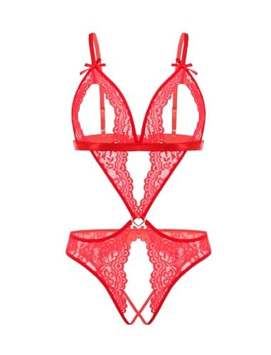 Avidlove Women Lingerie Lace Bodysuit Teddy Deep V Neck One Piece Babydoll Red XXL - Thumbnail 6