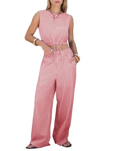 EXLURA Womens 100% Cotton 2 Piece Outfits Stripe Drawstring Crop Tank Tops Wide Leg Pant Sets Faux Linen Summer Cruise Beach - Image 1