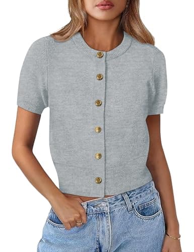 Kistore Womens Casual Summer Short Sleeve Sweater Cardigan Button Down Crew Neck Knitted Crop Cardigan Tops Light Gray Medium - Image 1