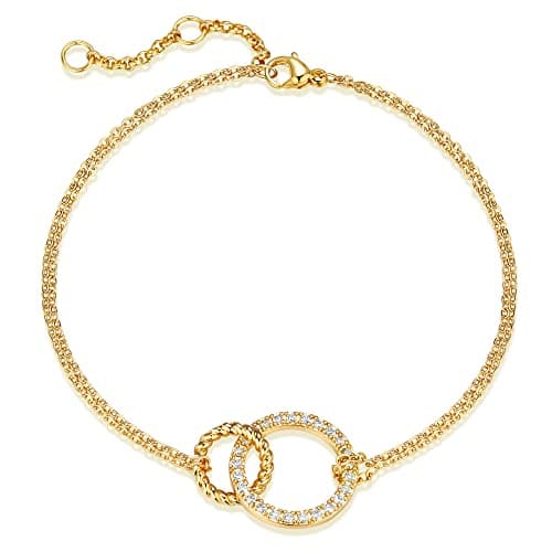 Valloey Rover Gold Bracelets for Women?Dainty Bar Heart Circle Hamsa Evil Eye Cross Cubic Zirconia Charm Adjustable Bracelet Fashion Jewelry for Women(bar - Image 1