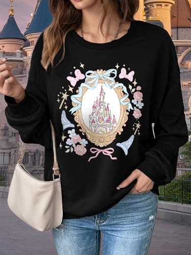 IZROLO Magical Sweatshirts for Women Magic Shirt Cute Bow Graphic Long Sleeve Shirts Vacation Tops Black - Thumbnail 2