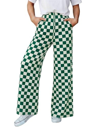 BTFBM Womens Checkered Palazzo Pants Wide Leg High Waisted Pockets Gingham Casual Lounge Pajama Trousers Summer Outfits(Plaid Green,Medium) - Image 1