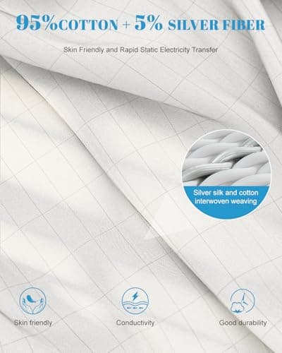 Grounding Sheet King, 95% Cotton & 5% Silver Fiber, Skin-Friendly Grounded Sheets with Grounding Cord, Bed Grounding Kit for Natural & Deep Sleep, White - Thumbnail 6