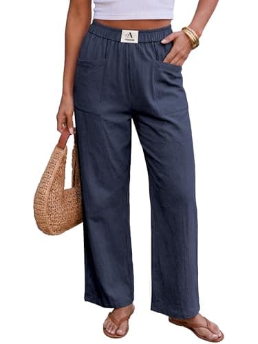 AUMORA Womens Pants Wide Leg Palazzo Pants Casual High Waisted Summer Flowy Beach Casual Trousers with Pockets Blue - Image 1