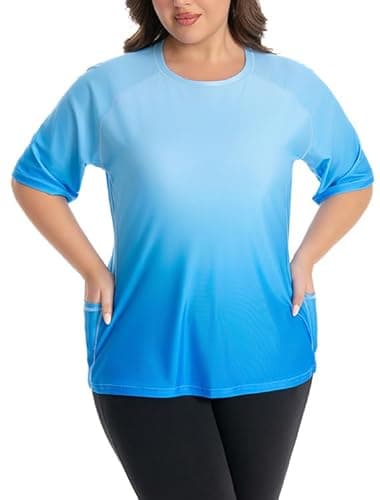 Women's Plus Size Rash Guard Swim Shirt UPF50+ Short Sleeve Sun Protection with Pockets | Tagless, Tummy Control & Mesh Vents (US, Alpha, 3X-Large, Blue Gradient) - Image 1