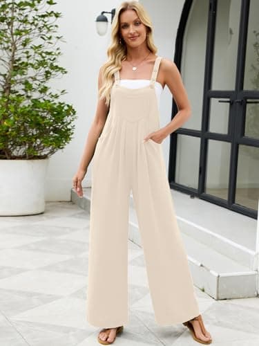 Heymoments Overalls Jumpsuits Rompers for Women Ivory Large Casual Maternity Winter Fall Comfy Ladies Loose Fit Dressy Wide Leg One Piece Sleeveless Grils Long Bib Baggy Pants with Pockets - Thumbnail 3