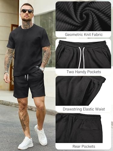 JEMLDL Mens Short Sleeve T-Shirt Shorts 2 Piece Set Summer Jacquard Casual Lounge Sets Comfort Fashion Outfit Sweatsuit Black XL - Thumbnail 6