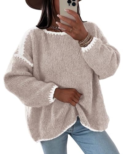 KIRUNDO Womens Sweaters 2026 Fall Oversized Long Sleeve Chunky Knit Crew Neck Contrast Stitching Pullover Winter Clothes(Apricot, X-Large) - Image 1