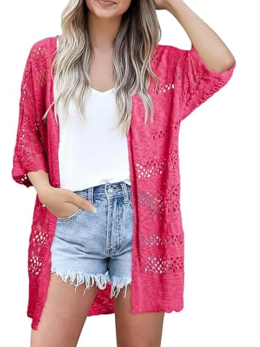 KISSMODA Summer Crochet Lightweight Cardigans for Women Rose Oversized Short Sleeve Boho Open Front Cardigan Sweater for Art Gallery Visits S - Image 1