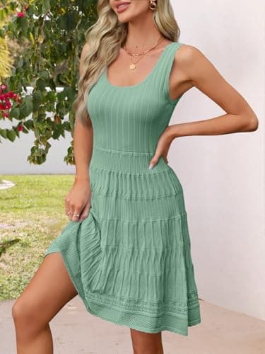 MEROKEETY Women's Summer Sleeveless Mini Dress 2025 Casual Crewneck Crochet A Line Flowy Tank Sundress, PeaGreen, X-Large - Thumbnail 6