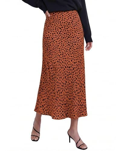 BTFBM Satin Skirts for Women Trendy Spring Summer 2026 High Waisted Leopard Print Cocktail Wedding Long Silk Midi Skirt(Dot Brick Red Black, Medium) - Image 1