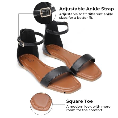 katliu Women's Ankle Strap Flat Sandals One Band Dressy Sandals Square Open Toe Sandals for Summer with Back Zipper Black 8.5 - Thumbnail 5
