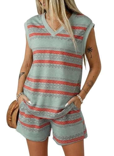 Dokotoo Women's Summer 2 Piece Outfits Geo Striped V-Neck Tank and Shorts Going Out Set Loose Fit Sleeveless Tops Tie Waist Shorts with Pockets Green Stripe X-Large - Image 1