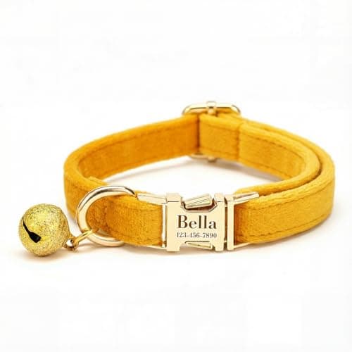 Custom Cat Collar with Bells Personalized Small Cat Collar Engraved Name & Phone Number with Secure Metal Quick-Release Buckle Adjustable (Corn Yellow) - Image 1