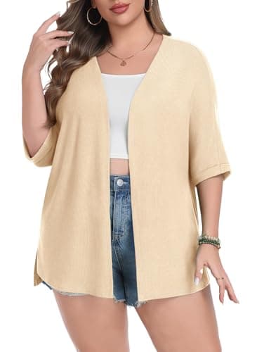 Lastshe Womens Plus Size Cardigan Short Sleeve Lightweight Loose Open Front Sweaters Cardigan Wrap,Nude,1X - Image 1