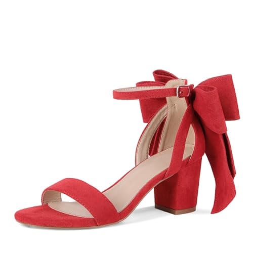 Yremael Women's Heeled Sandals Red Bow Round Open Toe Buckle Chunky Block Heel Comfortable Wedding Dress Shoes - Thumbnail 6