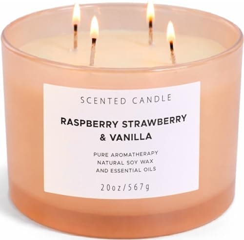 Raspberry Strawberry Vanilla 4-Wick Scented Soy Candle | 100+ Hour Burn | 20 oz Large Sweet Berry Vanilla Scented Candle for Home | Relaxing Aromatherapy Candle | Strong Throw | Gift Ready - Image 1