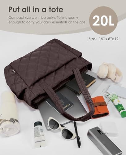 Uselike Tote Bag for Women, Lightweight Puffer Tote Work Bags with Compartments for Travel, Quilted Shoulder Bag with Zipper (Dark Brown) - Thumbnail 5