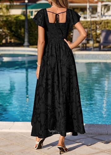KIRUNDO Cocktail Dresses for Women Elegant Wedding Guest Summer Formal Maxi Lace Floral Slit Prom Party Bridesmaid Dress (Black, Small) - Thumbnail 3
