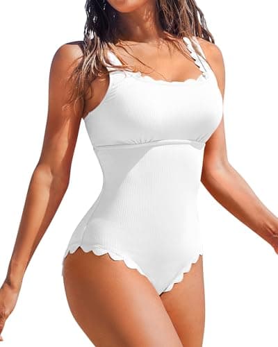Charmo Scalloped Ribbed 1 Piece Bathing Suits Womens Square Neck Modest Retro One Piece Swimsuit White XL - Image 1