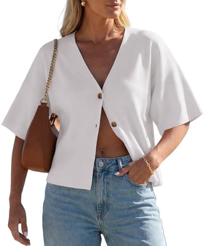 GRECERELLE Women's Short Sleeve V-Neck Knit Button Down Cardigan，Summer Lightweight Open Front Loose Ribbed Knitted Sweater, White, M - Image 1