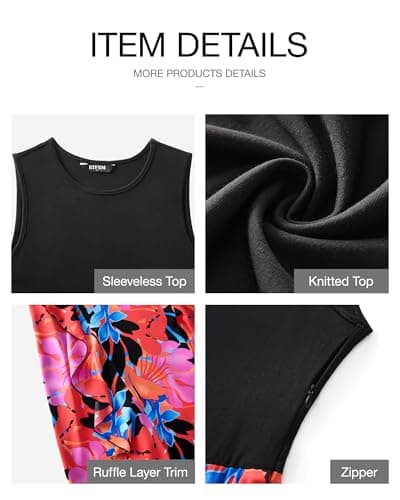 BTFBM Women Casual Sleeveless Summer Dresses 2025 Spring Crewneck Patchwork Boho Floral Ruffle Cocktail Party Midi Dress(Big Floral Multicolor, X-Large) - Thumbnail 6