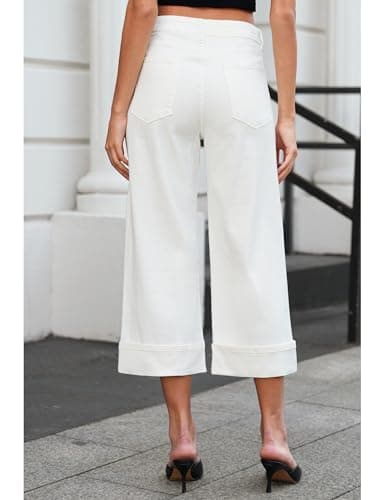 Vetinee Capris Jeans for Women Wide Leg High Waisted Trendy Fold Hem Summer Casual Stretchy Denim Jean Capri Pants Baggy Capris for Women Wide Legged Jeans Off White X-Large Fits Size 16-18 - Thumbnail 2