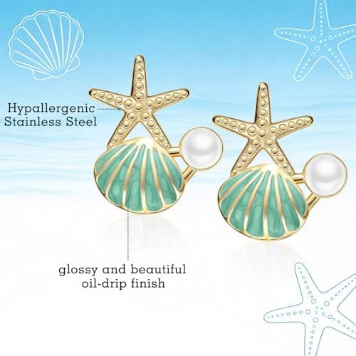Stainless Steel Starfish & Seashell Earrings for Women | Elegant Pearl Drop Dangle Earrings with Starfish Top, Hypoallergenic Beach Vacation Jewelry | Summer Tropical Outfits, Dresses Trendy 2026 Fashion Accessories (Light Blue) - Thumbnail 6