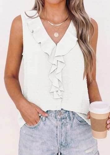 PRETTYGARDEN Womens Tank Tops 2026 Summer Dressy Casual Blouses Sleeveless Ruffle V Neck Swiss Dot Button Down Work Shirts (Off White,XX-Large) - Thumbnail 3
