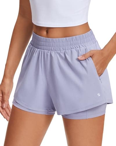 Stelle Women's 2 in 1 Running Shorts Athletic Workout Gym Shorts High Waisted Shorts with Liner Zipper Pockets (Purple Haze, Large) - Image 1