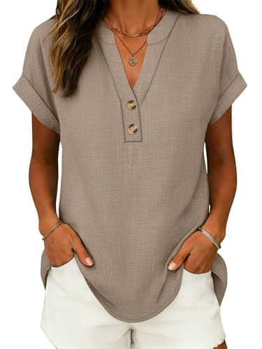 ANRABESS Womens Spring Tops 2026 Short Sleeve Shirts Henley Dressy Casual Blouses V Neck Fashion Tunics Trendy Flowy Clothing Khaki L - Image 1