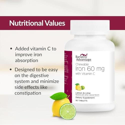 Bariatric Advantage Chewable Iron 60 mg with Vitamin C for Increased Absorption and Utilization, Easily Digestible for Gastric Bypass and Sleeve Gastrectomy Surgery Patients - Lemon Lime, 90 Count - Thumbnail 5